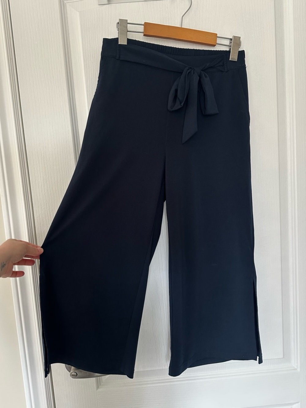Kaffe Dark Academia High Waist Wide Leg Flowy Navy Summer Crop Trouser Pants - Picture 2 of 7